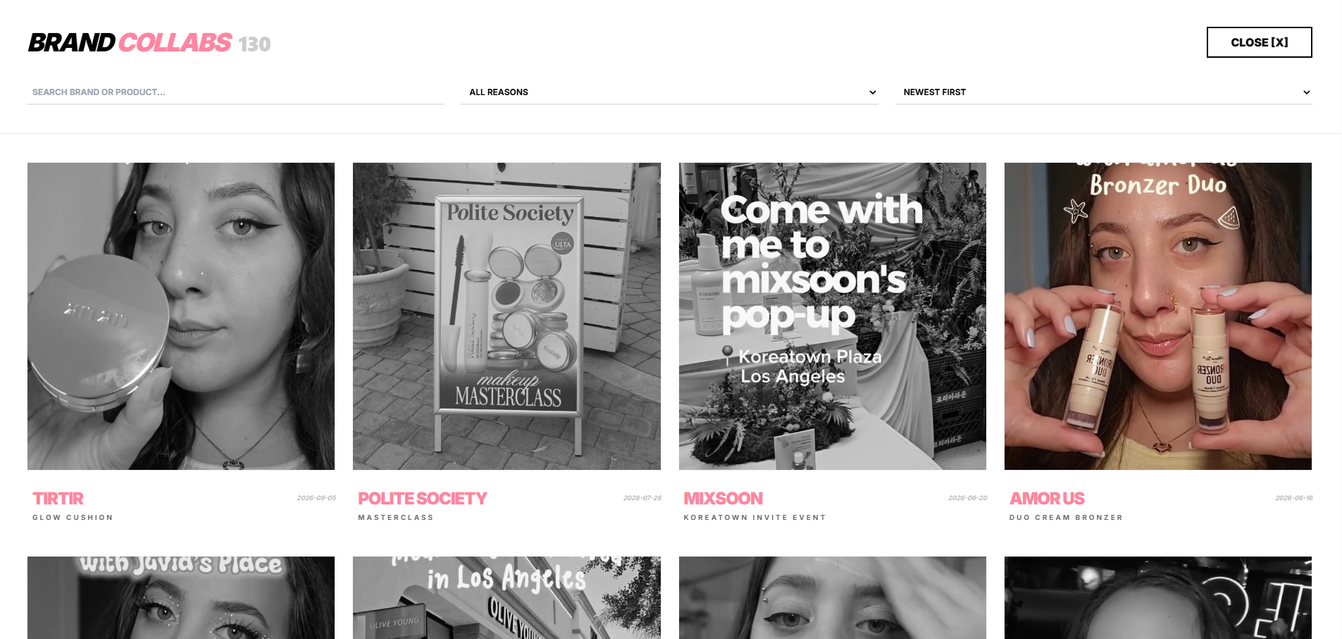 Listed collaborations in a 4 row presentation with a filter